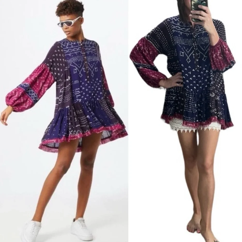 free people shibori long sleeve tunic dress Free People Shibori Ivory Print Long Sleeve Button-Up Tunic Dress Women's XS